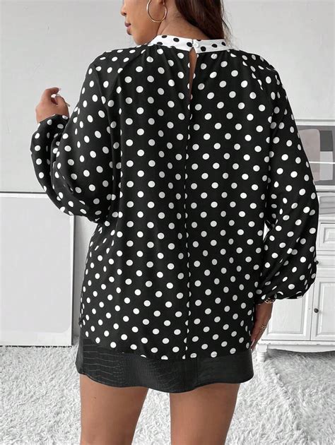 SHEIN Privé Plus Polka Dot Print Tie Neck Lantern Sleeve Blouse SHEIN USA