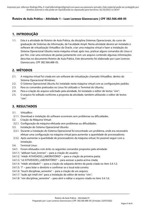 Roteiro de Aula Prática Atividade 1 Introdução aos Sistemas