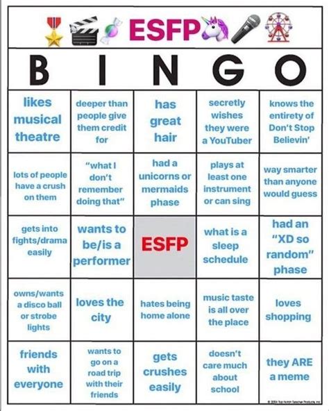 Esfp Bingo Myers Briggs Personality Types Esfp Mbti