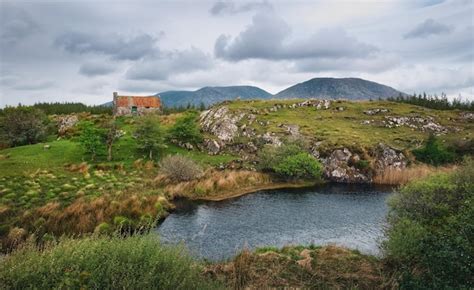 Premium AI Image A Small House Sits In A Green Field With A Mountain