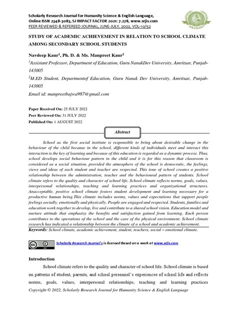 Study of Academic Achievement in Relation To School Climate Among Secondary School Students ...