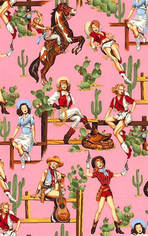 Alexander Henry Pinup Cowgirls Pink This Retro Large Scale Print From Alexander Henry Recalls