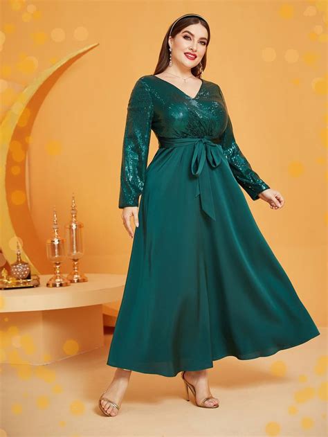 Plus Sequins Panel Belted Dress Belted Dress Western Dresses Plus Size Dresses