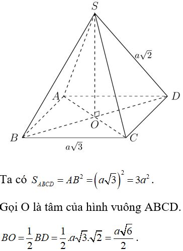 Cho hình chóp tứ giác đều S.ABCD có đáy ABCD là hình vuông cạnh bằng acăn3