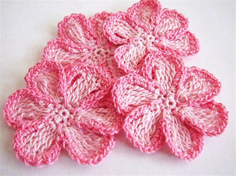 Crochet Flower Appliques Handmade Pink Two Tone Thread Etsy