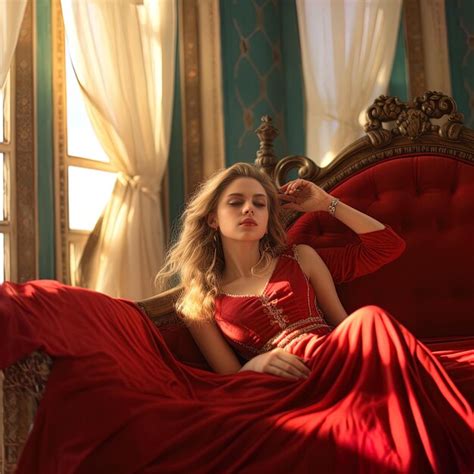 Premium Photo A Woman In A Red Dress Is Sitting On A Red Chair