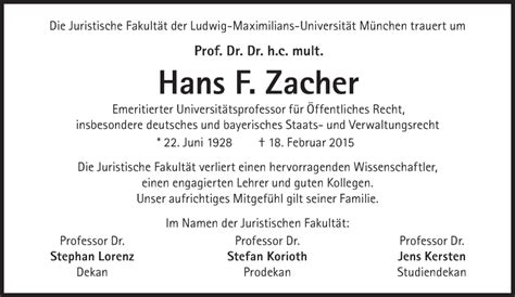 Traueranzeigen Von Hans F Zacher Sz Gedenken De