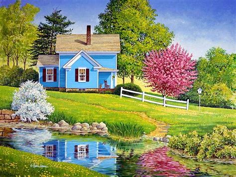 Charming Blue House By The Pond Online Puzzle