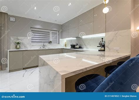 Luxury White Modern Marble Kitchen In Studio Space Stock Photo Image