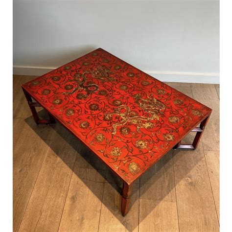 1970s Red Lacquered Coffee Table With Chinese Gold Decorations Chairish