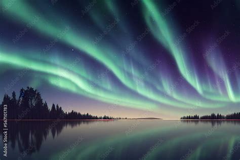 Lovely Night Sky Landscape With Aurora Borealis Reflecting On The Water