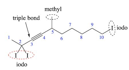 Draw the structure of 2,2,10-triiodo-5-methyl-3-decyne. | Study.com