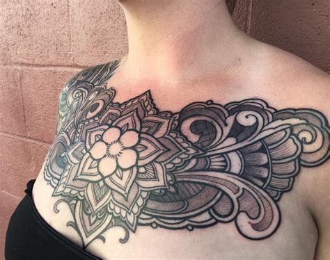 Black And Gray Ornamental Chest Tattoo By Laura Jade Tattoonow