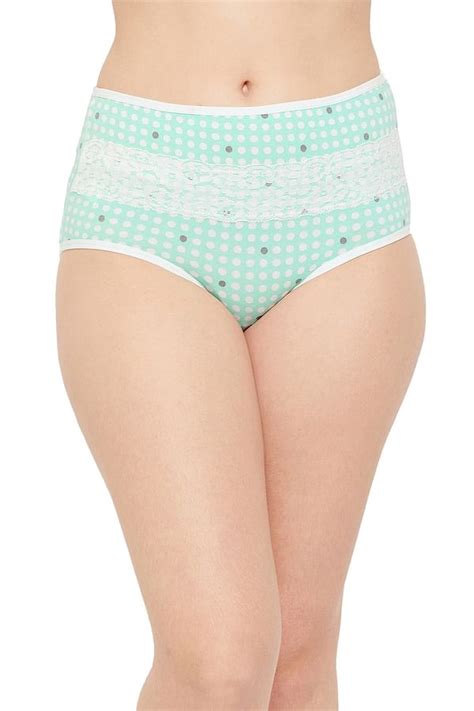 Buy High Waist Polka Dot Print Hipster Panty In Turquoise Green With Lace Panel Cotton Online