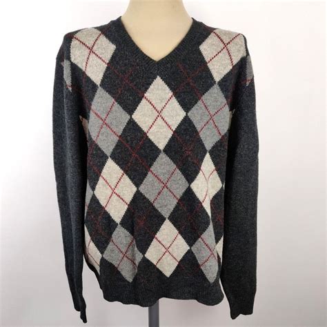 Brooks Brothers Argyle Sweater Mens Sz Large Gray Lambs Wool V Neck