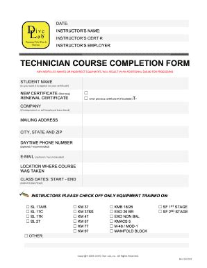 Fillable Online Technician Course Completion Form Printable Docx Fax