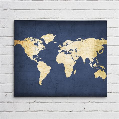 Navy WORLD MAP Wall ART Canvas World Map Print In Navy Blue Etsy