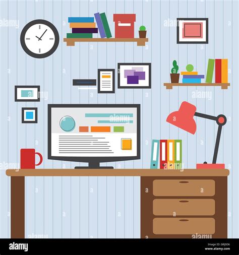 Flat of modern office interior designer desktop showing design application with interface icons ...