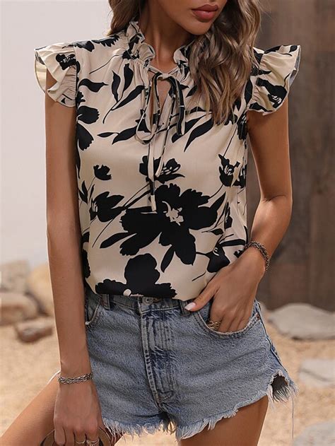 Floral Print Tie Neck Ruffle Trim Blouse Shein Usa