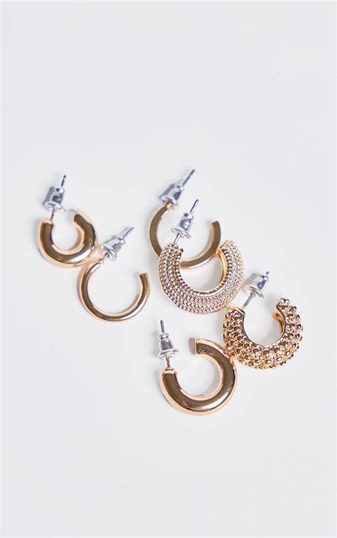 Gold Abstract Chunky Hoop Earrings Multipack Accessories Prettylittlething Usa