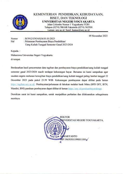 Pelunasan Pembayaran Biaya Pendidikanukt Semester Gasal 20232024 Universitas Negeri Yogyakarta