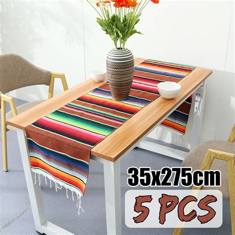 Pack Reversible Mexican Table Runner Tablecloth With Tassels For