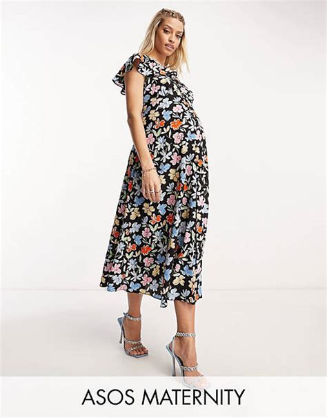 Asos Design Maternity Flutter Sleeve Midi Tea Dress With Buttons In