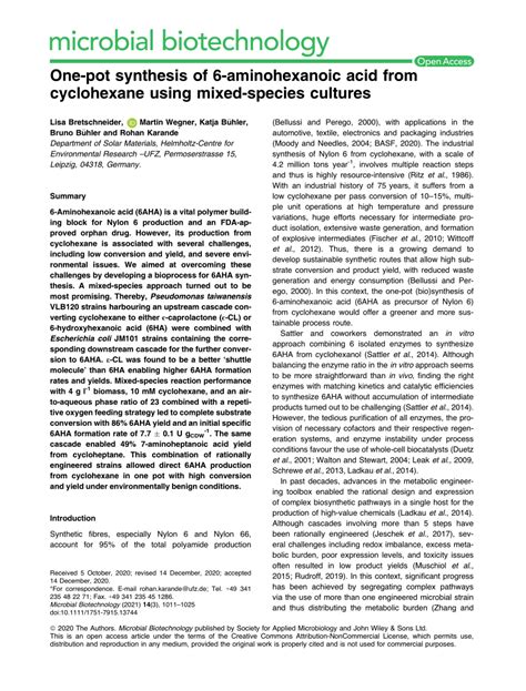 PDF Onepot Synthesis Of 6aminohexanoic Acid From Cyclohexane Using