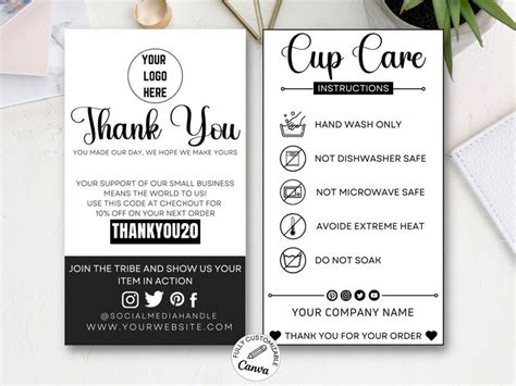 Tumbler Cup Care Instructions Card Mug Small Business Supplies