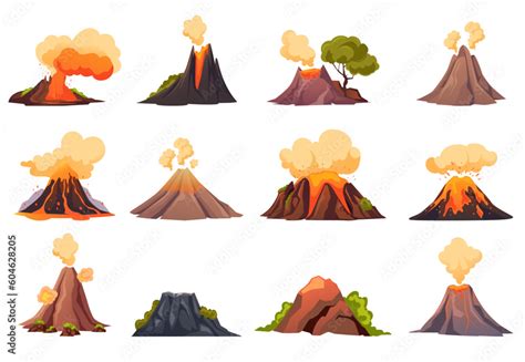 Volcano eruption fire mountain lava isolated on white background set ...