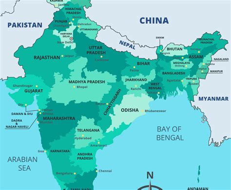 Map of India with Region Names