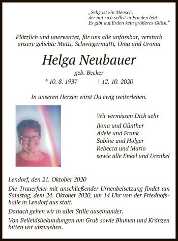 Traueranzeigen Von Helga Neubauer Trauer Hna De