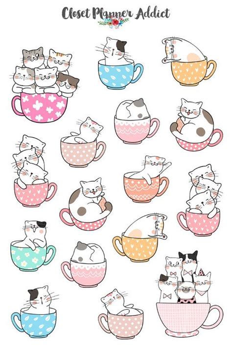 Gatto Sveglio In Teacups Planner Adesivi Carino Gatto Etsy Doodles