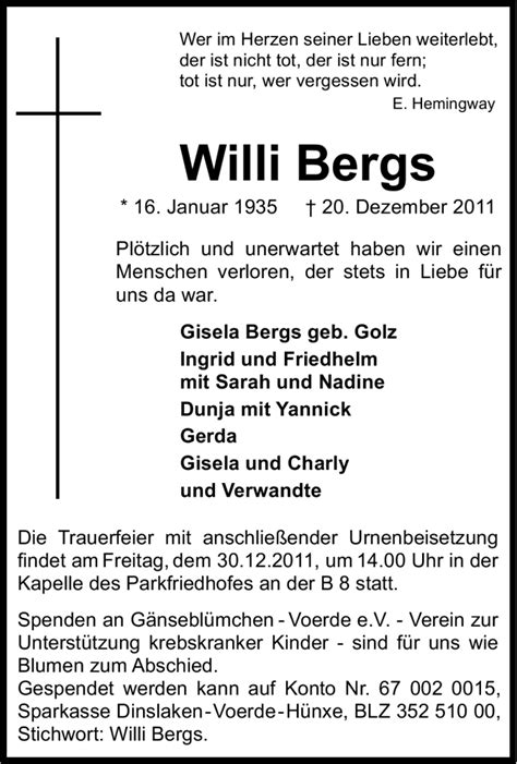 Traueranzeigen Von Willi Bergs Trauer In Nrw De