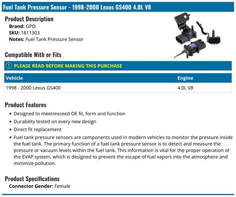1998 2000 Lexus Gs400 Fuel Tank Pressure Sensor Gpd 1811303