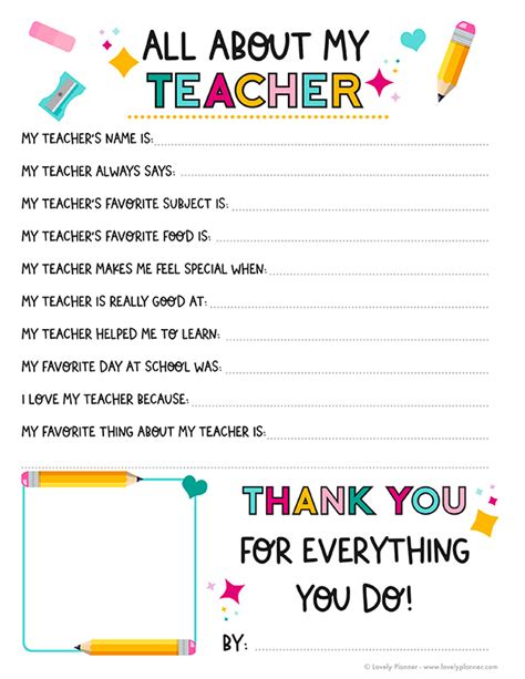 All About My Teacher Free Printable Teacher Appreciation Week T Lovely Planner