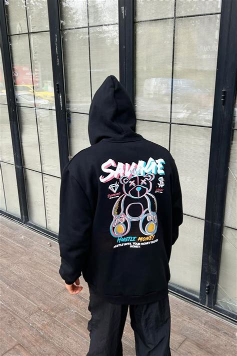 Savage Bear Sırt Baskılı Siyah İçi Pamuklu Oversize Hoodie Flaw Wears