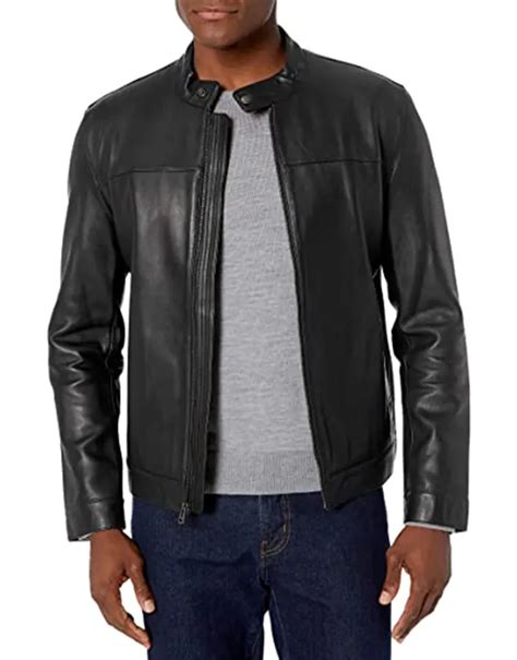 Mens Snap Tab Collar Black Faux Leather Jacket