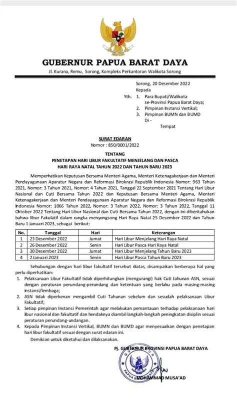 Pemprov Pbd Keluarkan Se Libur Fakultatif Jelang Natal 2022 Dan Tahun