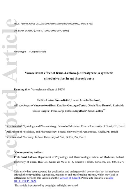 Pdf Vasorelaxant Effect Of Trans Chloro Nitrostyrene A Synthetic