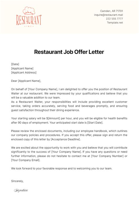 Free Restaurant Job Offer Letter Template Edit Online And Download