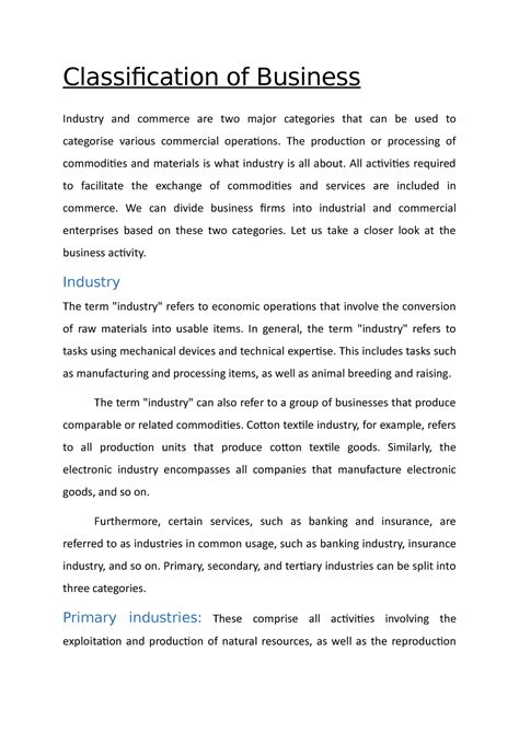 Classification Of Business Classification Of Business Industry And