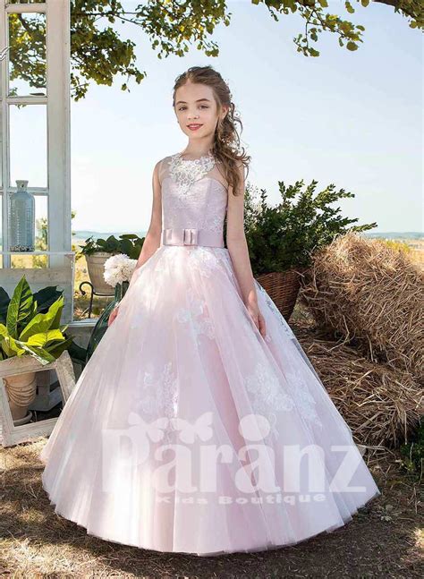 Elegant Satin Sheer White Flower Appliquéd Bodice With Tulle Skirt Dress In Pink