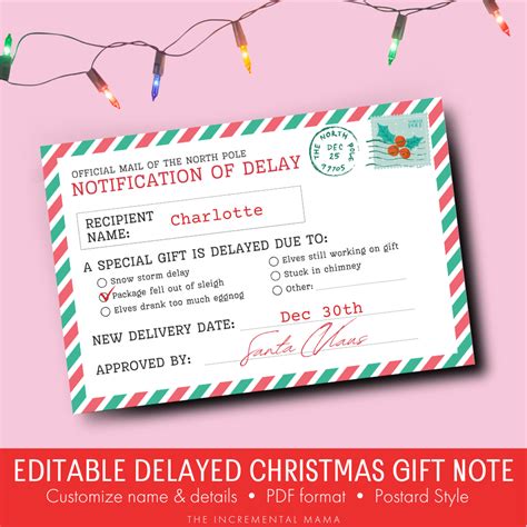 Editable Delayed Christmas Gift Printable Postcard From Santa Instan