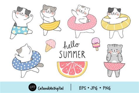 Clip Art Collection Summer Cats Graphic By Catandme · Creative Fabrica Doodles Graphic Design