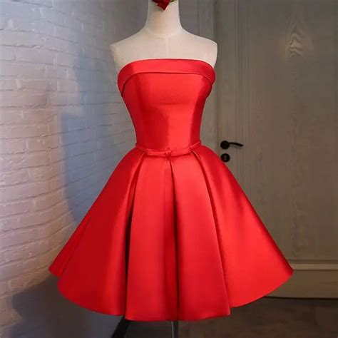 Hot Sale Red Satin Short Prom Dresses Strapless Knee Length Real