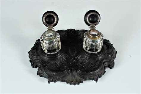 Antique Double Inkstand With Glass Inserts Gutta Percha France Circa