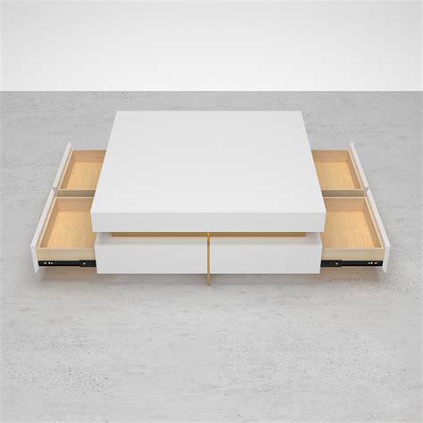 White Modern Square Coffee Table with Drawers Tempered Glass Top ...