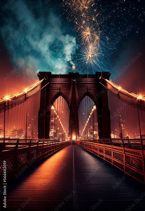 Fireworks over the Brooklyn Bridge in New York. AI generated. Stock ...