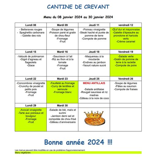 Menus De La Cantine Janvier Commune De Crevant